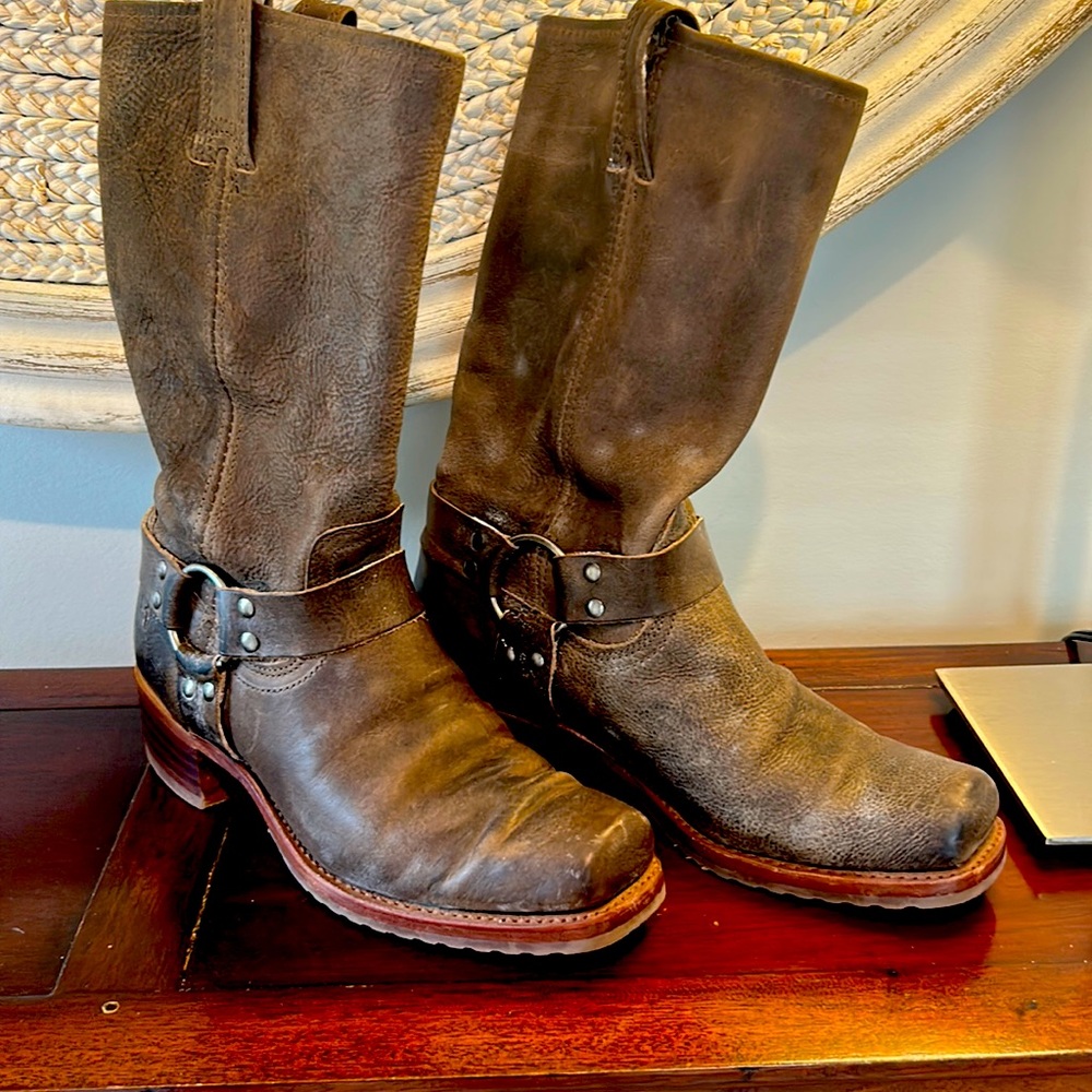 Frye harness boots in gray-brown leather